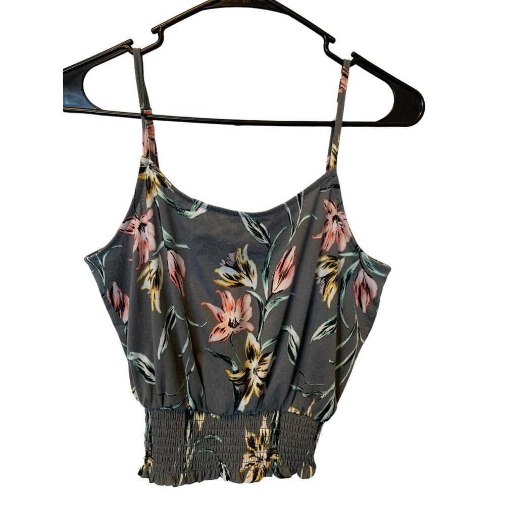 🍒 2/$20 Gray & Pink Floral Crop Tank Top, Adjustable Straps, Ribbed Bottom sz S
